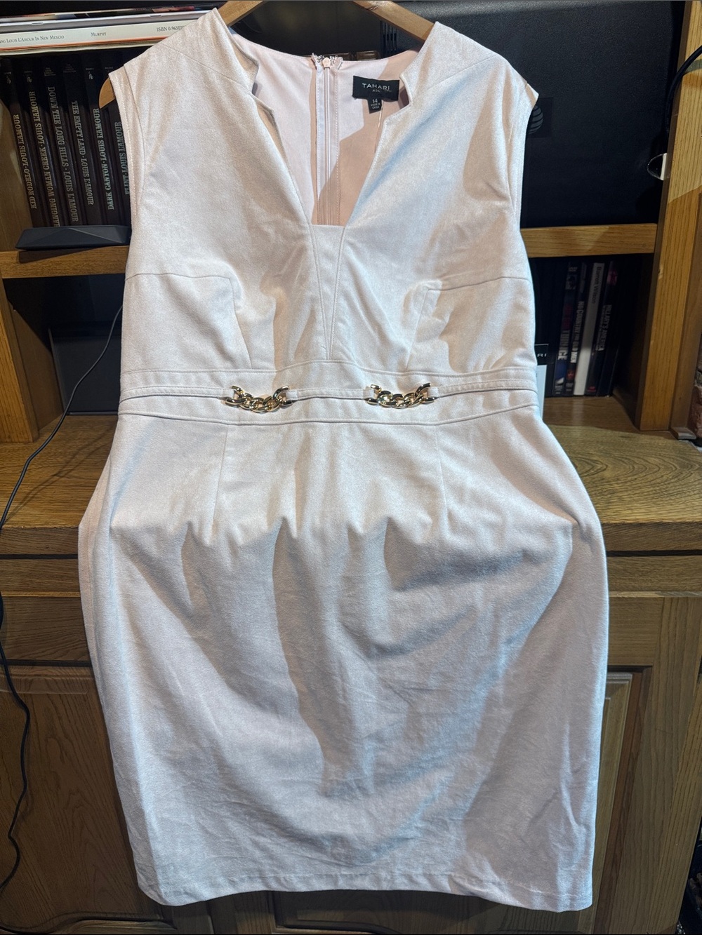 Tahari Pale Pink Sheath Dress with Gold Chain Detail
